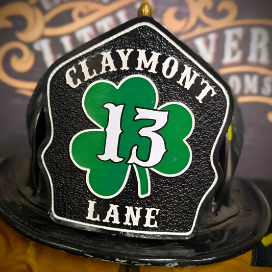 Custom shamrock firefighter helmet shield in handcrafted leather