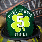 Handmade leather helmet shield showing shamrock and rockers