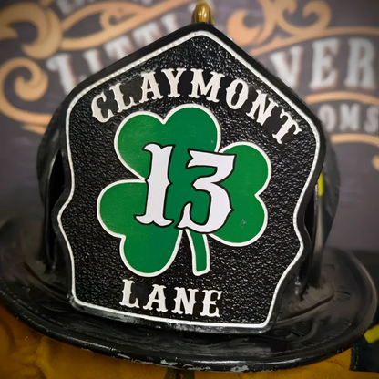Custom shamrock leather firefighter helmet shield built for fire service tradition and pride