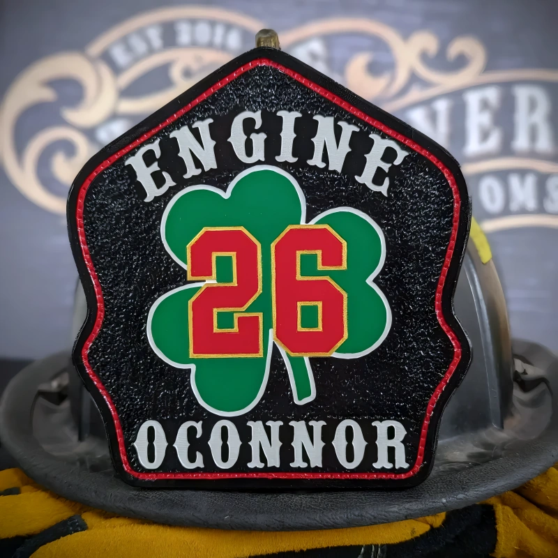 Authentic shamrock firefighter helmet shield handcrafted from rugged leather