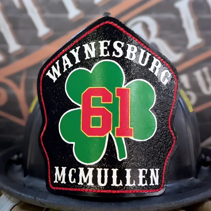 Bold shamrock leather firefighter helmet shield handcrafted for firehouse use