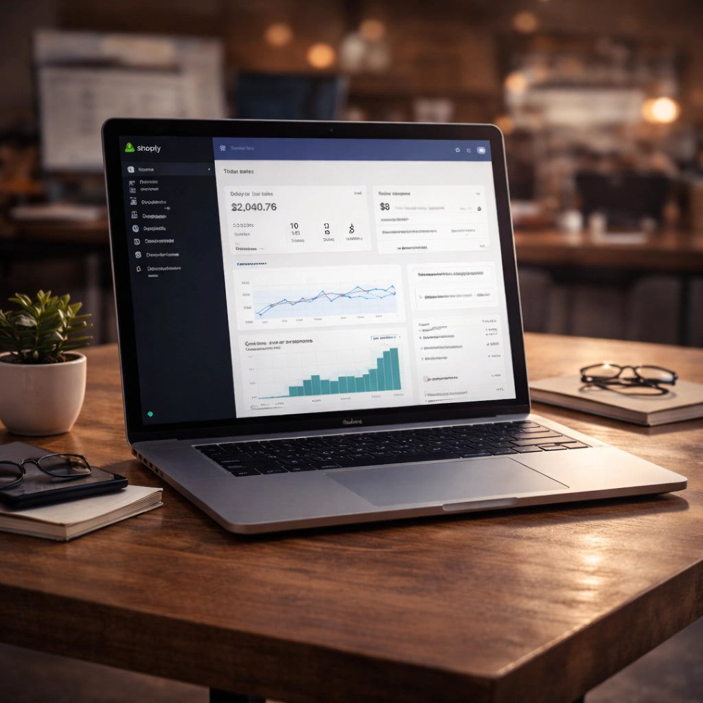 laptop displaying ecommerce dashboard on modern workspace desk