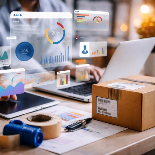 ecommerce workspace with laptop dashboard and shipping box