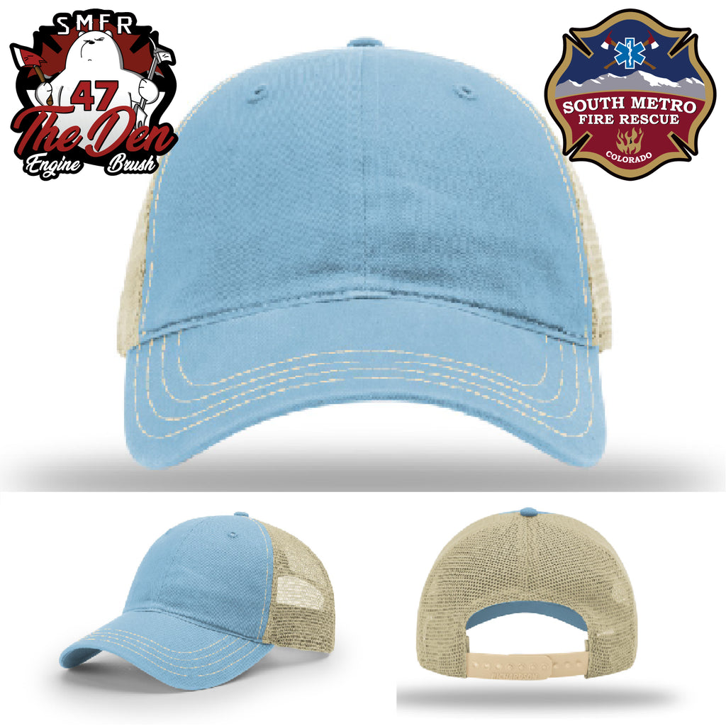 Fireground ready South Metro Fire Rescue firefighter leather patch hat