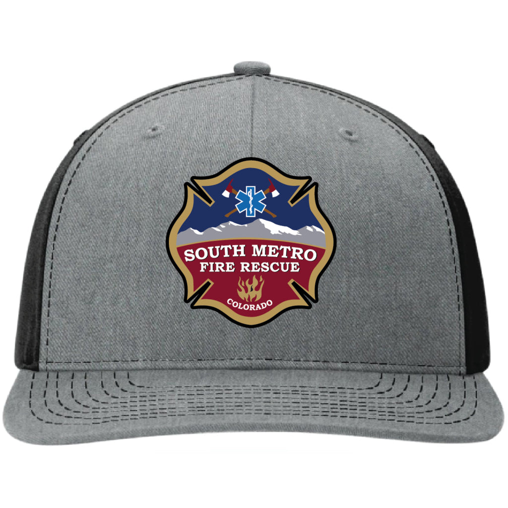 Custom firefighter hat featuring South Metro Fire Rescue leather patch