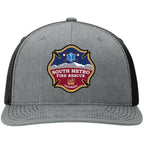 Custom firefighter hat featuring South Metro Fire Rescue leather patch