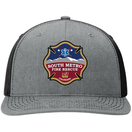 Custom firefighter hat featuring South Metro Fire Rescue leather patch