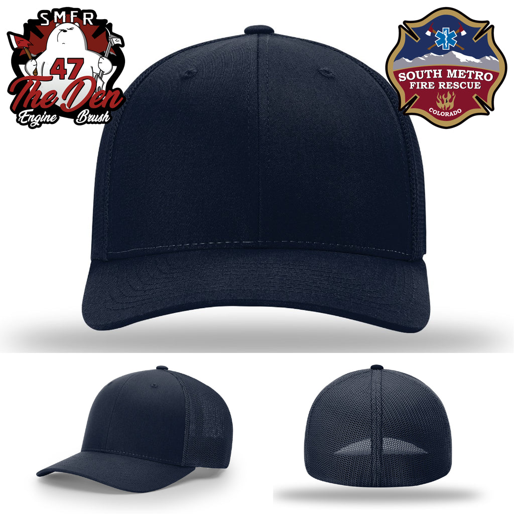 Firefighter station hat featuring South Metro Fire Rescue leather patch