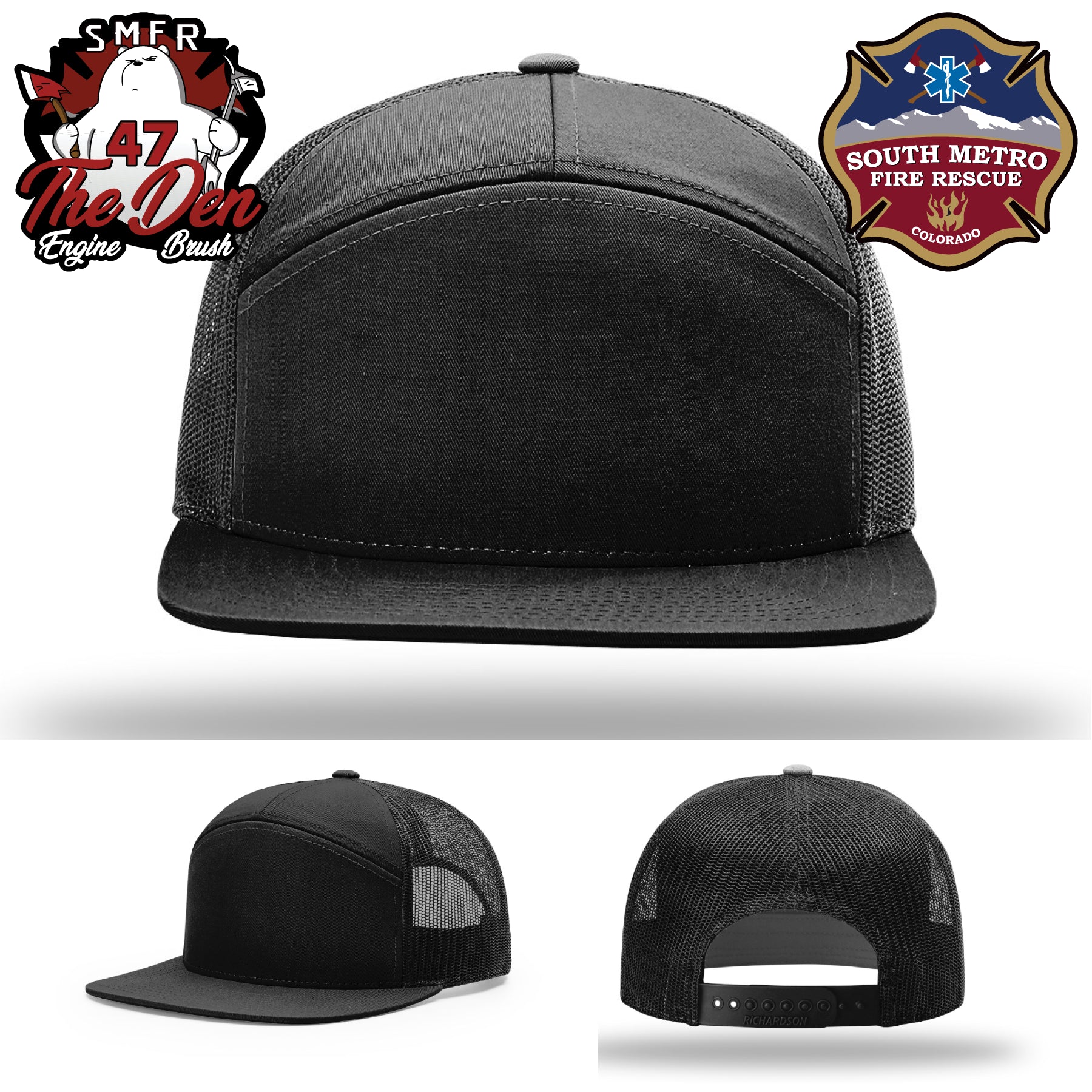 Firefighter hat featuring South Metro Fire Rescue leather patch emblem