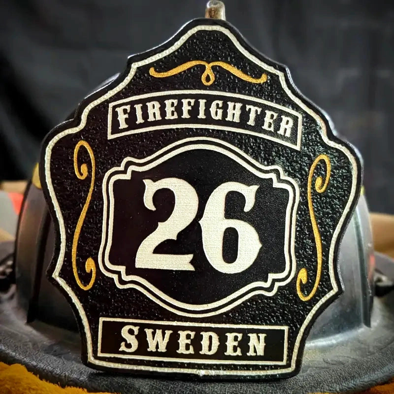 Standard Issue firefighter helmet shield with bold numbers