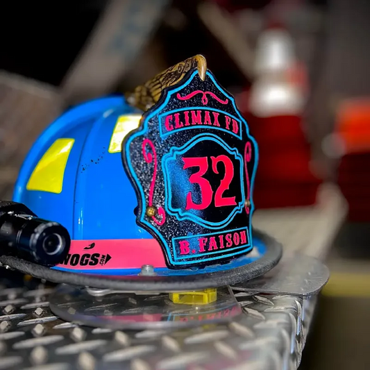 Standard Issue custom leather firefighter helmet shield on a blue helmet with bold number design.