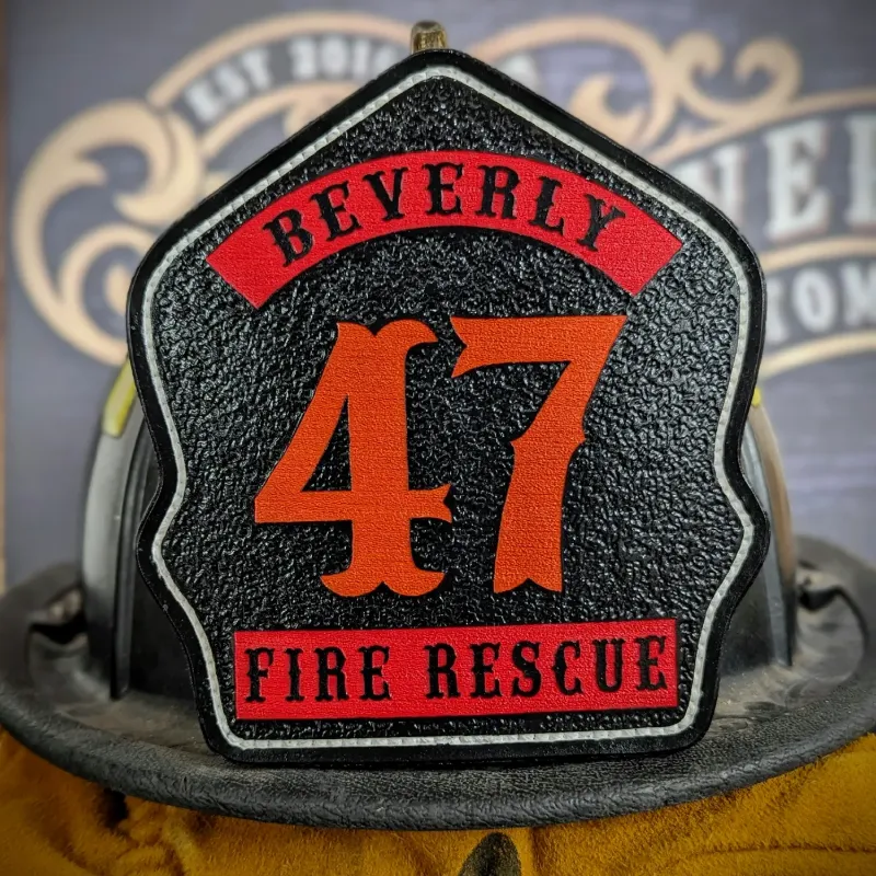 Standard Issue custom leather firefighter helmet shield in black with bold red numbers and fire rescue text.