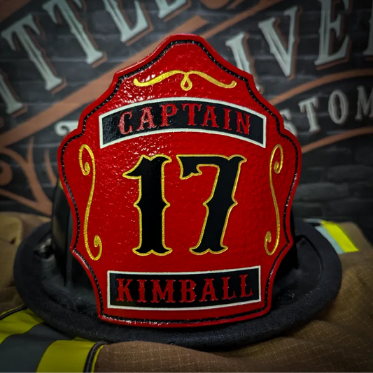 Standard Issue custom leather firefighter helmet shield in red with firefighter rank design.