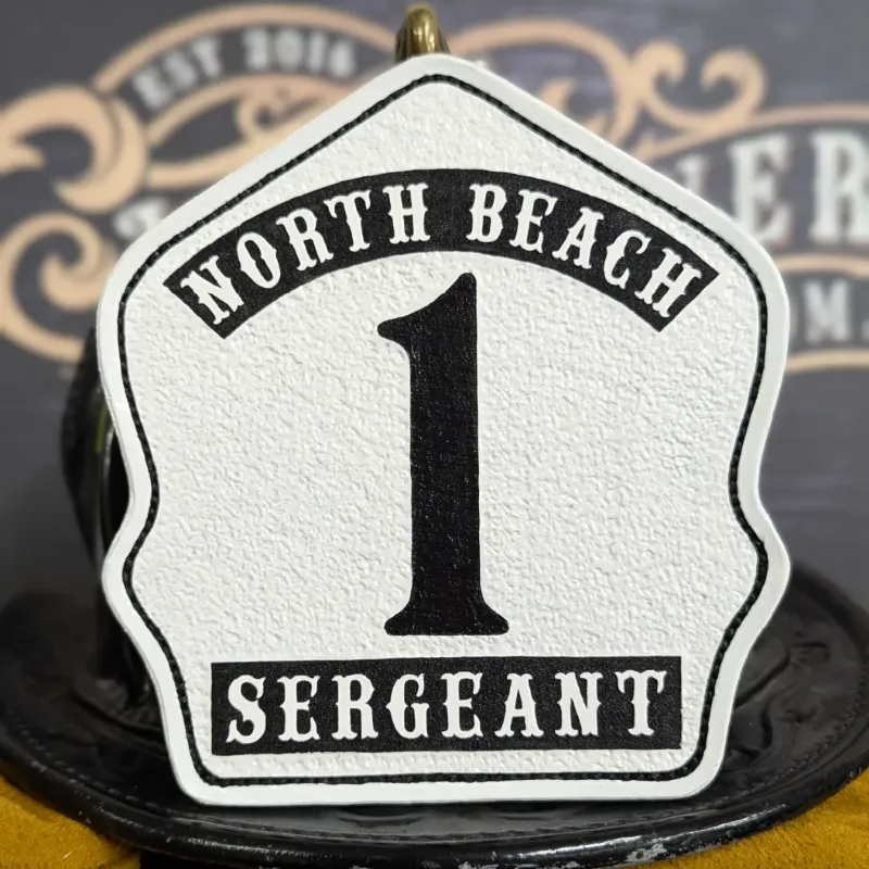 Standard Issue custom leather firefighter helmet shield in white with bold number and rank detail.