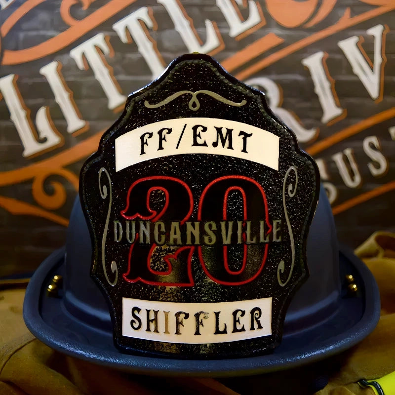 The Deuce firefighter helmet shield with high contrast design