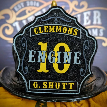 Custom Deuce firefighter helmet shield with bold lettering