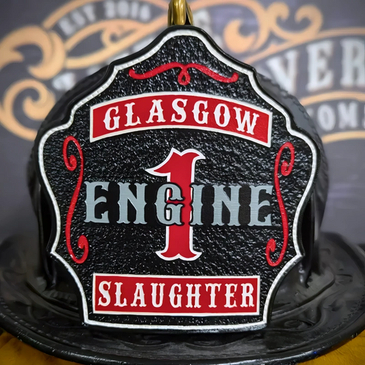 Custom leather firefighter helmet shield in The Deuce style built for rugged firehouse use