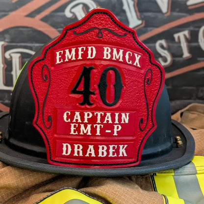 custom three rocker leather helmet shield showing department rank and company number