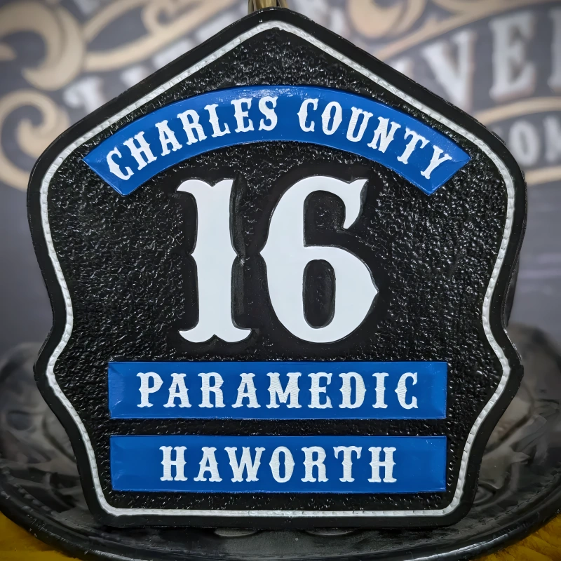 Leather firefighter helmet shield customized with three rocker format for firehouse crews
