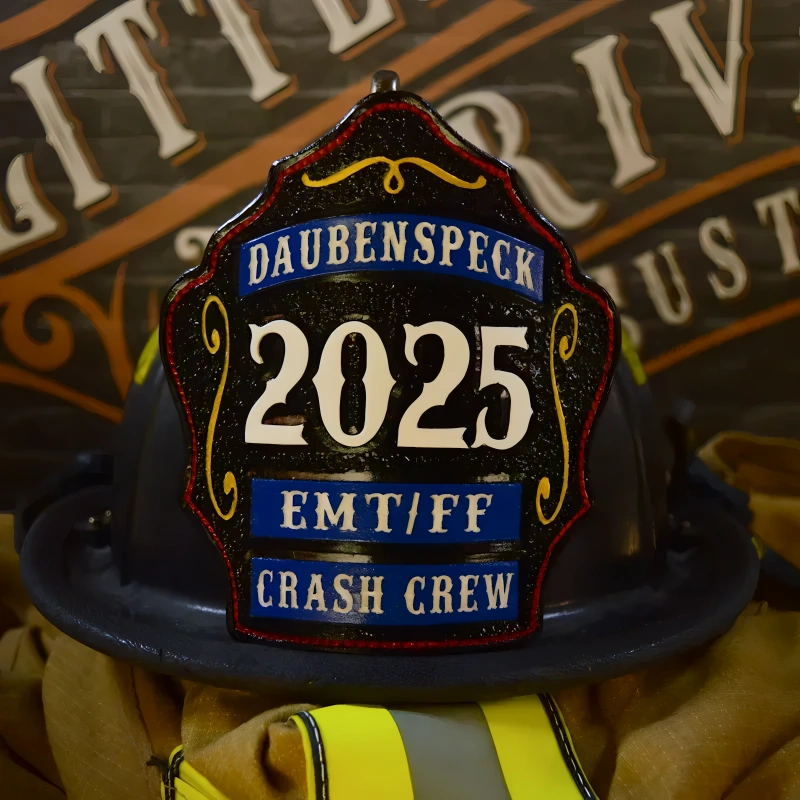 Custom fire helmet shield in leather designed with three rocker layout for firefighters