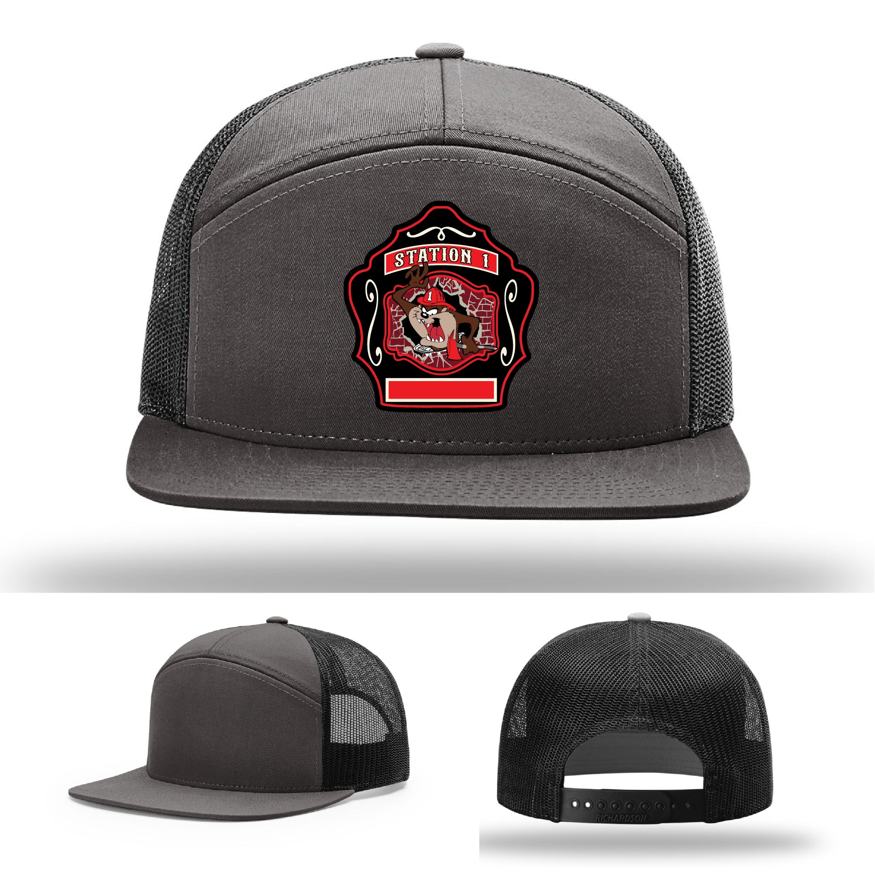 Leather patch firefighter hat representing Western Taney Station 1